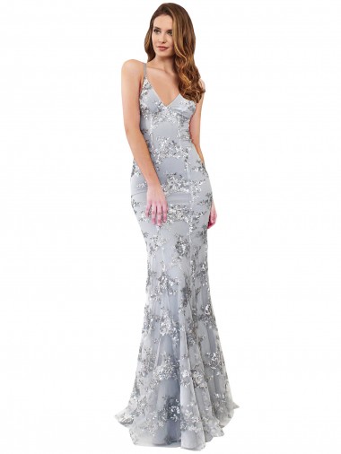 Argent Sirène Col V Crêpe Stretch Paillette Tulle Longue Formelles Robes demoiselle d'honneur / Robes de soirée / Robes de bal