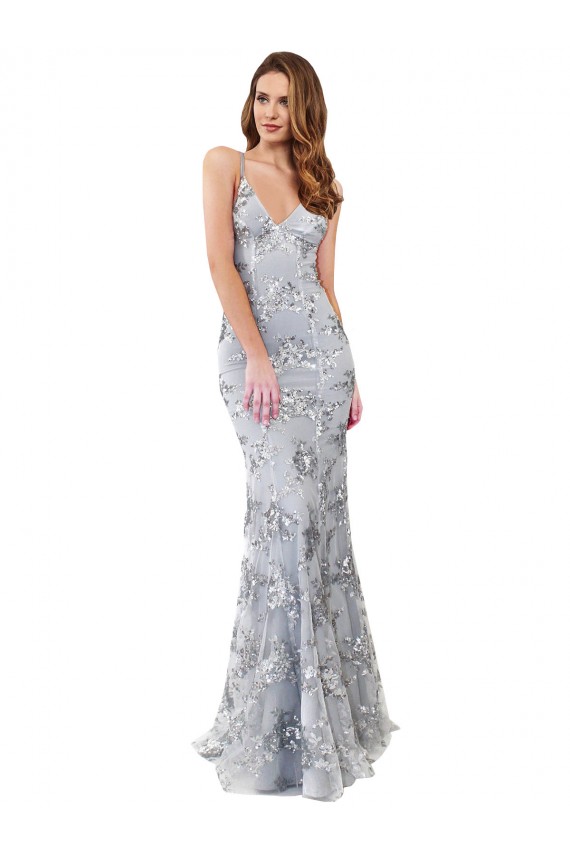 Argent Sirène Col V Crêpe Stretch Paillette Tulle Longue Formelles Robes demoiselle d'honneur / Robes de soirée / Robes de bal
