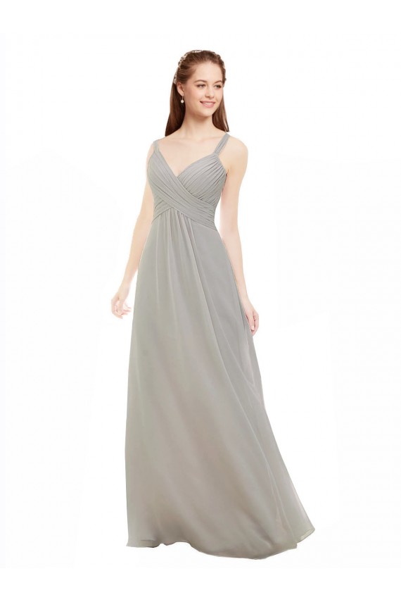 Argent Trapèze Bretelles spaghetti Col V Mousseline Longue Robes demoiselle d'honneur
