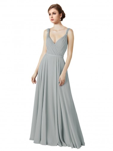 Argent Trapèze Col V Mousseline Longue Robes demoiselle d'honneur