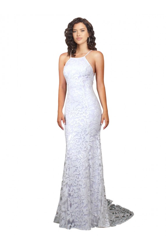 Blanc Fourreau Col Haut Balayage train Dentelle Robes de mariée