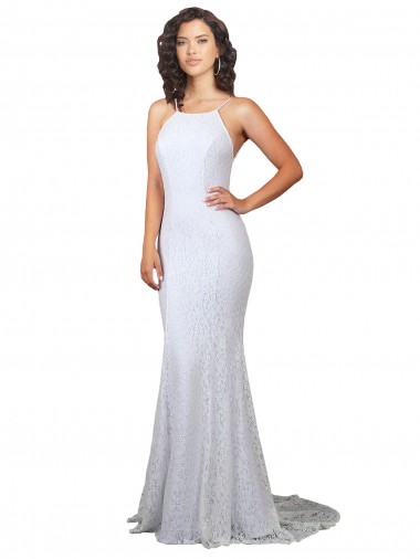 Blanc Sirène Col Haut Balayage train Dentelle Robes de mariée