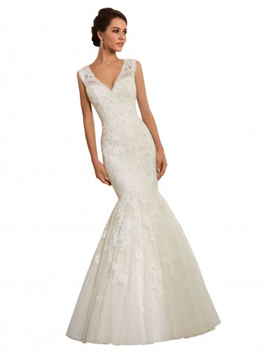 Blanc Sirène Col V Tulle Dentelle Robes de mariée