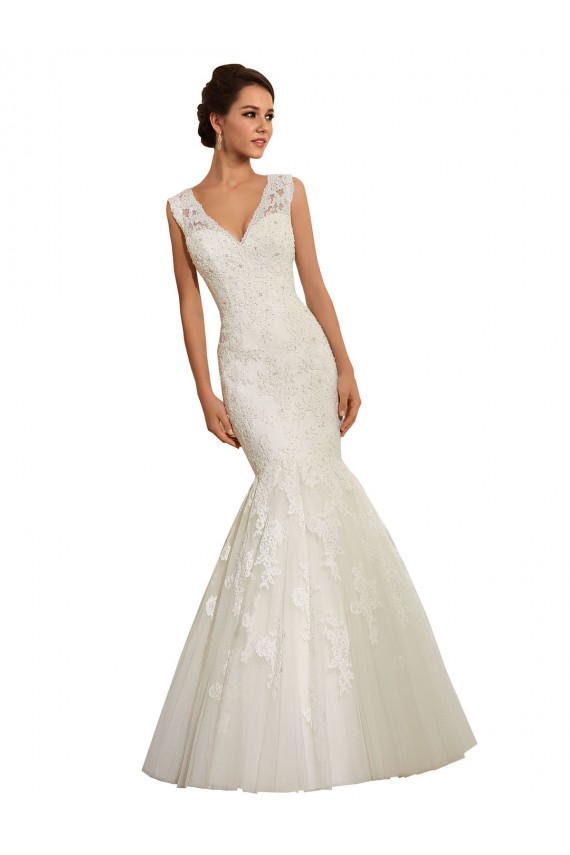 Blanc Sirène Col V Tulle Dentelle Robes de mariée