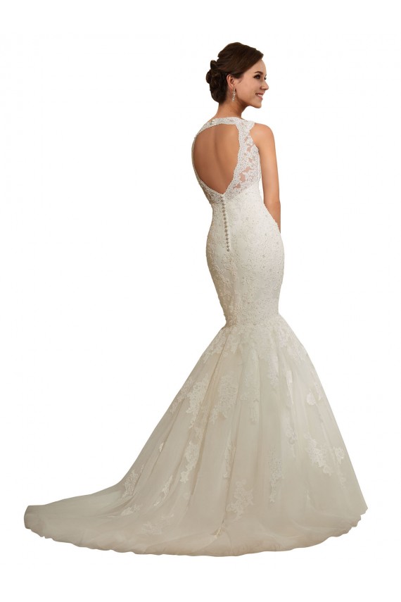 Blanc Sirène Col V Tulle Dentelle Robes de mariée