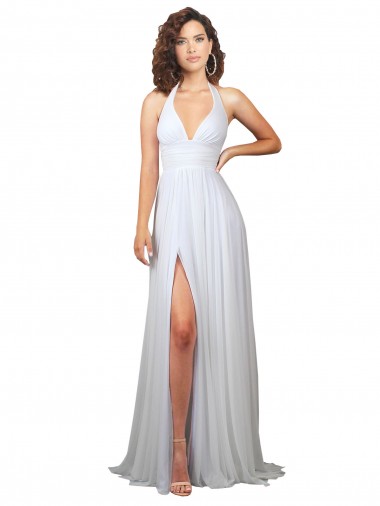 Blanc Trapèze Col V Balayage train Mousseline Longue Robes demoiselle d'honneur
