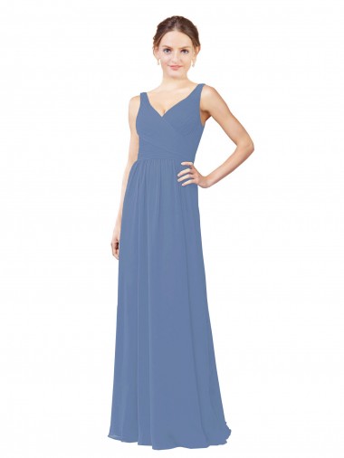 Bleu Windsor Fourreau Col V Mousseline Longue Robes demoiselle d'honneur