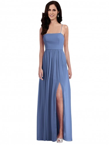 Bleu Windsor Trapèze Bretelles spaghetti Mousseline Longue Robes demoiselle d'honneur