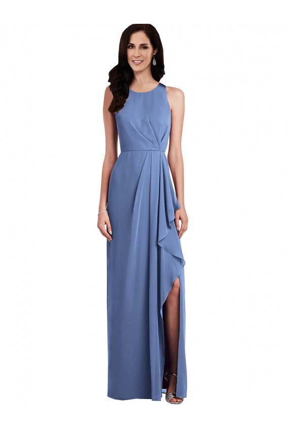 Bleu Windsor Trapèze Col bijou Mousseline Longue Robes demoiselle d'honneur