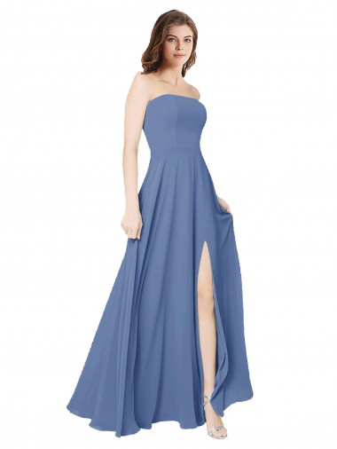 Bleu Windsor Trapèze Sans bretelle Mousseline Longue Robes demoiselle d'honneur