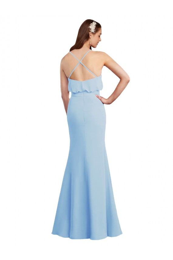 Bleu ciel clair Sirène Bretelles spaghetti Col V Mousseline Longue Robes demoiselle d'honneur