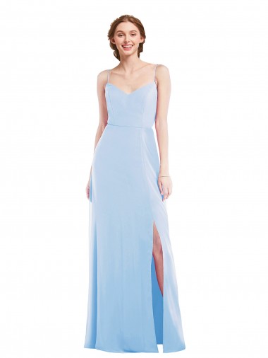 Bleu ciel clair Trapèze Bretelles spaghetti Col V Mousseline Longue Formelles Robes demoiselle d'honneur / Robes de soirée
