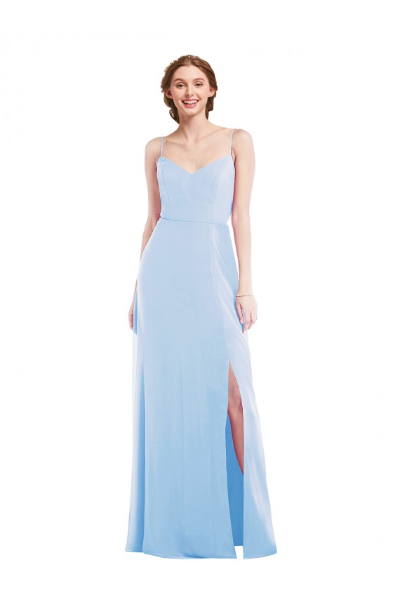 Bleu ciel clair Trapèze Bretelles spaghetti Col V Mousseline Longue Formelles Robes demoiselle d'honneur / Robes de soirée