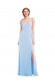Bleu ciel clair Trapèze Bretelles spaghetti Col V Mousseline Longue Formelles Robes demoiselle d'honneur / Robes de soirée