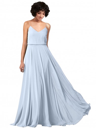 Bleu ciel clair Trapèze Bretelles spaghetti Col V Mousseline Longue Robes demoiselle d'honneur