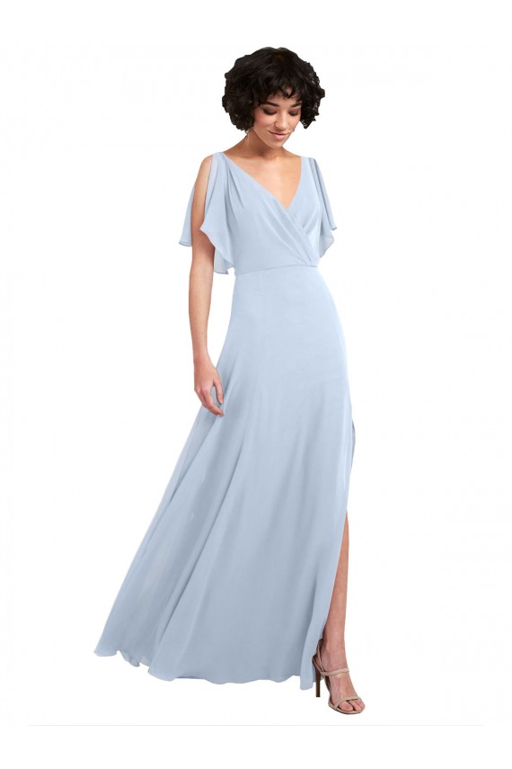 Bleu ciel clair Trapèze Col V Mousseline Longue Robes demoiselle d'honneur