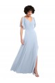 Bleu ciel clair Trapèze Col V Mousseline Longue Robes demoiselle d'honneur