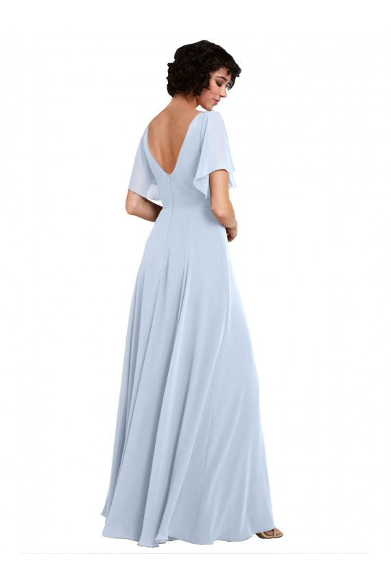 Bleu ciel clair Trapèze Col V Mousseline Longue Robes demoiselle d'honneur