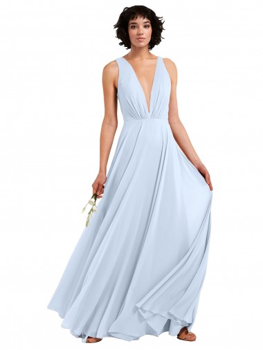 Bleu ciel clair Trapèze Col V Mousseline Longue Robes demoiselle d'honneur