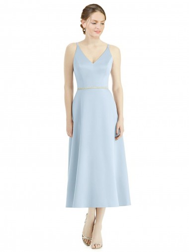Bleu ciel clair Trapèze Col V Satiné Longue Robes demoiselle d'honneur