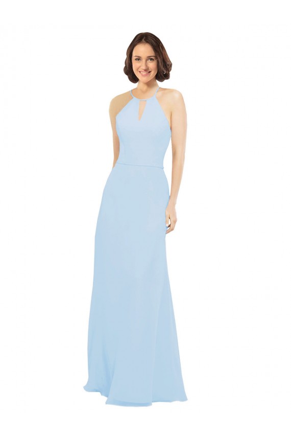 Bleu ciel clair Trapèze Licou Mousseline Longue Robes demoiselle d'honneur
