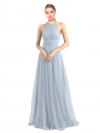 Bleu ciel clair Trapèze Licou Tulle Longue Robes demoiselle d'honneur