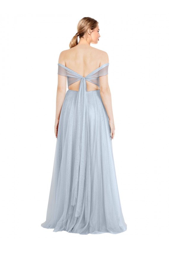 Bleu ciel clair Trapèze Épaule Dénudée Tulle Longue Robes demoiselle d'honneur