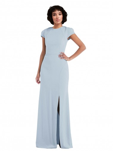 Bleu ciel clair Trompette Col bijou Crêpe Stretch Longue Robes demoiselle d'honneur