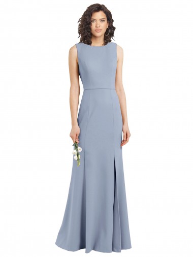 Bleu fumée Fourreau Col Bateau Col Haut Crêpe Stretch Longue Robes demoiselle d'honneur