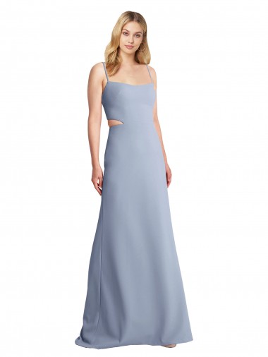 Bleu fumée Trapèze Bretelles spaghetti Scoop Crêpe Stretch Longue Robes demoiselle d'honneur / Robes de bal