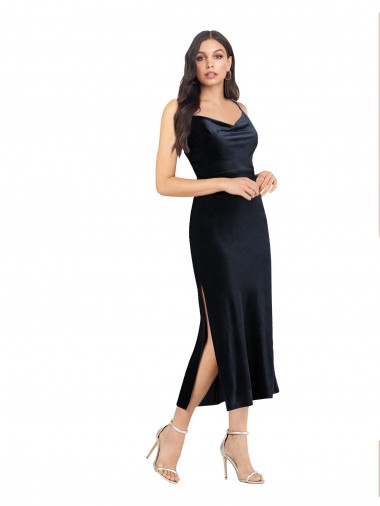Bleu marine foncé Colonne midi Velours Stretch Courte Robes demoiselle d'honneur / Robes de soirée / Robes de cocktail