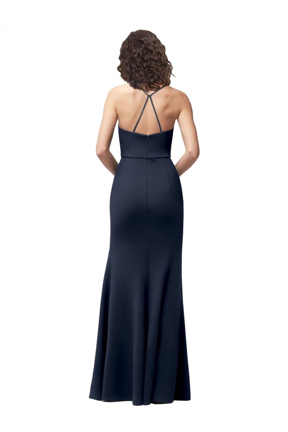 Bleu marine foncé Fourreau Bretelles spaghetti Crêpe Stretch Longue Formelles Robes demoiselle d'honneur / Robes de soirée / Robes de bal