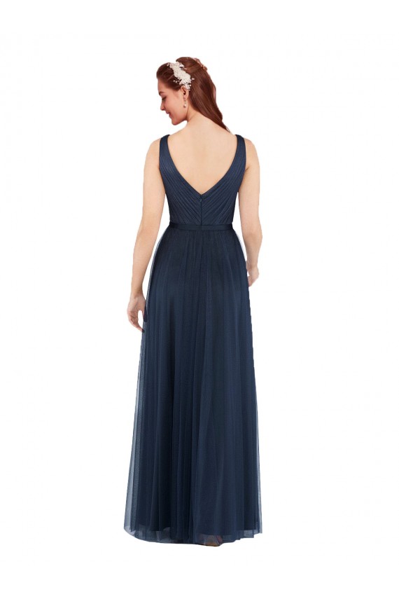 Bleu marine foncé Fourreau Col V Tulle Longue Robes demoiselle d'honneur