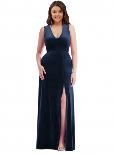 Bleu marine foncé Fourreau Col V Velours Stretch Longue Formelles Robes demoiselle d'honneur / Robes de soirée / Robes de bal