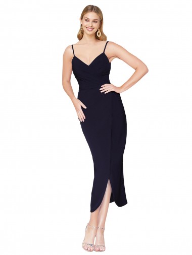 Bleu marine foncé Sirène Bretelles spaghetti Crêpe Stretch Courte Asymétrique Robes demoiselle d'honneur / Robes de soirée / Robes de cocktail