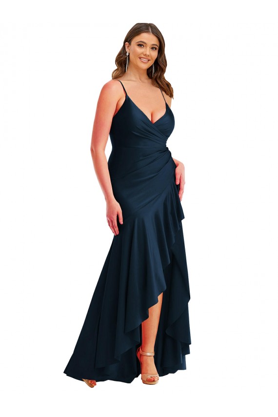 Bleu marine foncé Sirène Bretelles spaghetti Satiné Soyeux Longue Asymétrique Formelles Robes demoiselle d'honneur / Robes de soirée / Robes de bal