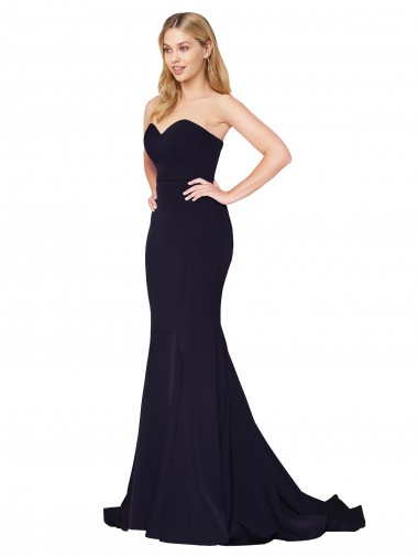 Bleu marine foncé Sirène Col Haut Balayage train Crêpe Stretch Longue Formelles Robes demoiselle d'honneur / Robes de soirée / Robes de bal