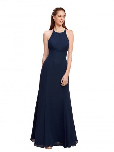 Bleu marine foncé Sirène Licou Col Haut Mousseline Longue Robes demoiselle d'honneur / Robes de bal