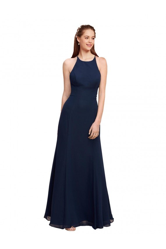 Bleu marine foncé Sirène Licou Col Haut Mousseline Longue Robes demoiselle d'honneur / Robes de bal