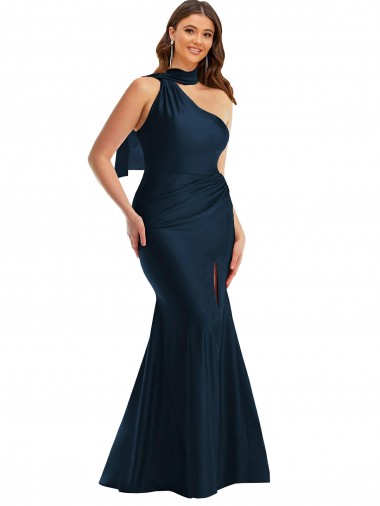 Bleu marine foncé Sirène Licou Satiné Soyeux Longue Formelles Robes demoiselle d'honneur / Robes de soirée / Robes de bal