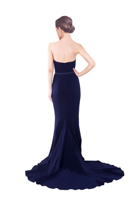 Bleu marine foncé Sirène Sans bretelle Balayage train Crêpe Stretch Longue Robes demoiselle d'honneur / Robes de bal
