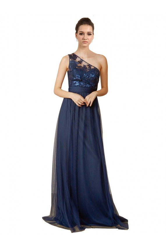 Bleu marine foncé Trapèze Balayage train Tulle Longue Robes demoiselle d'honneur