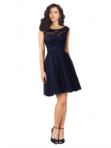 Bleu marine foncé Trapèze Bateau Tulle Dentelle Courte Robes demoiselle d'honneur / Robes de cocktail