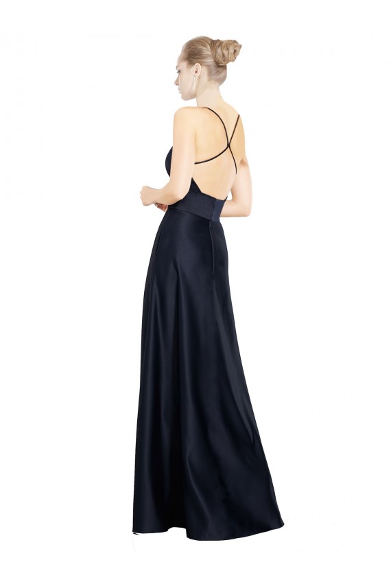 Bleu marine foncé Trapèze Bretelles spaghetti Col V Satiné Longue Robes demoiselle d'honneur / Robes de bal