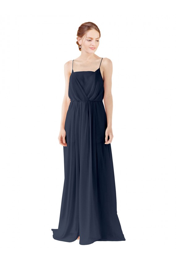 Bleu marine foncé Trapèze Bretelles spaghetti Mousseline Longue Robes demoiselle d'honneur