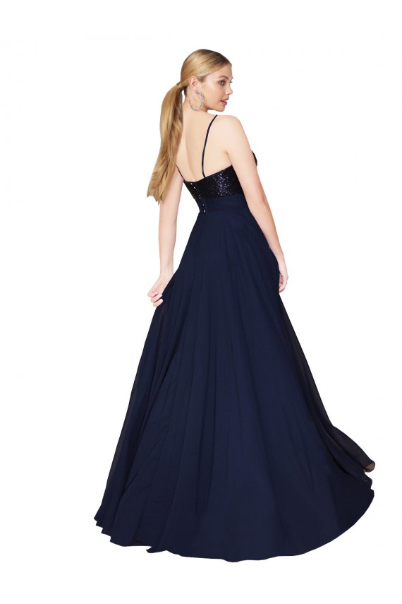 Bleu marine foncé Trapèze Bretelles spaghetti Mousseline Paillette Longue Robes demoiselle d'honneur / Robes de bal