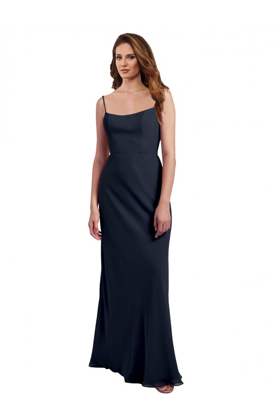 Bleu marine foncé Trapèze Bretelles spaghetti Scoop Mousseline Longue Robes demoiselle d'honneur