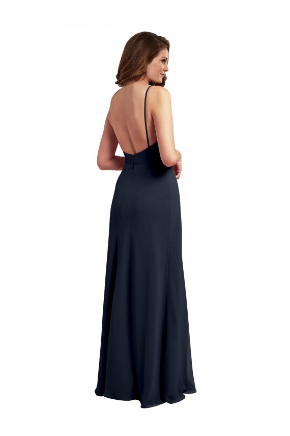 Bleu marine foncé Trapèze Bretelles spaghetti Scoop Mousseline Longue Robes demoiselle d'honneur