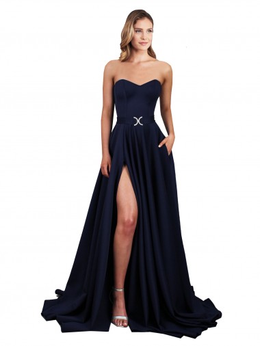 Bleu marine foncé Trapèze Col Haut Crêpe Stretch Longue Formelles Robes demoiselle d'honneur / Robes de soirée / Robes de bal