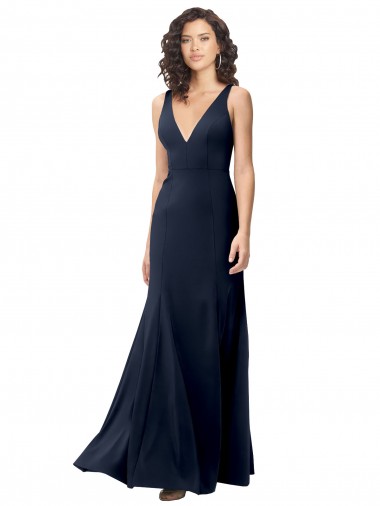 Bleu marine foncé Trapèze Col V Crêpe Stretch Longue Formelles Robes demoiselle d'honneur / Robes de soirée / Robes de bal